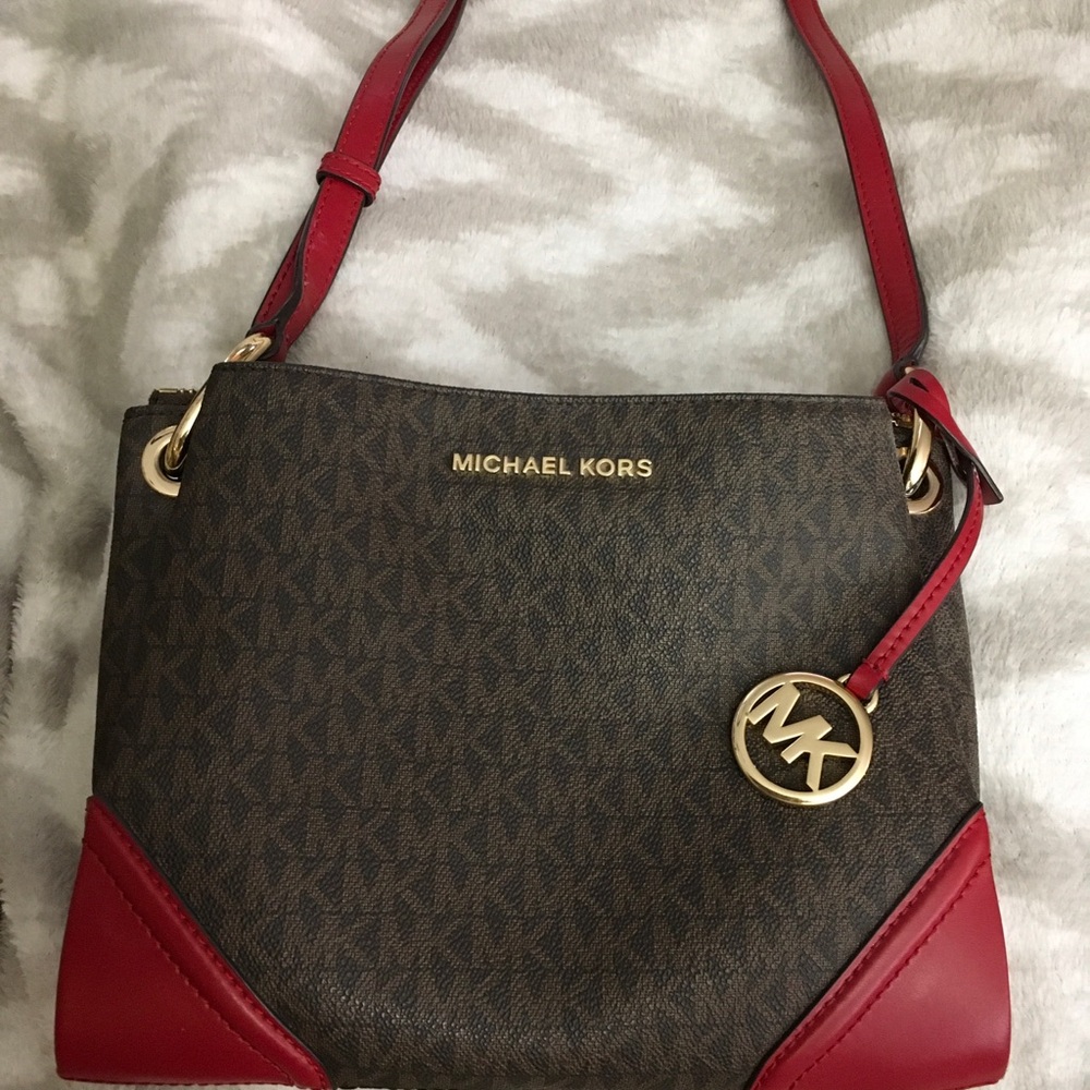 Michael Kors brown logo/red shoulder/crossbody. Excellent AUTHENTIC!